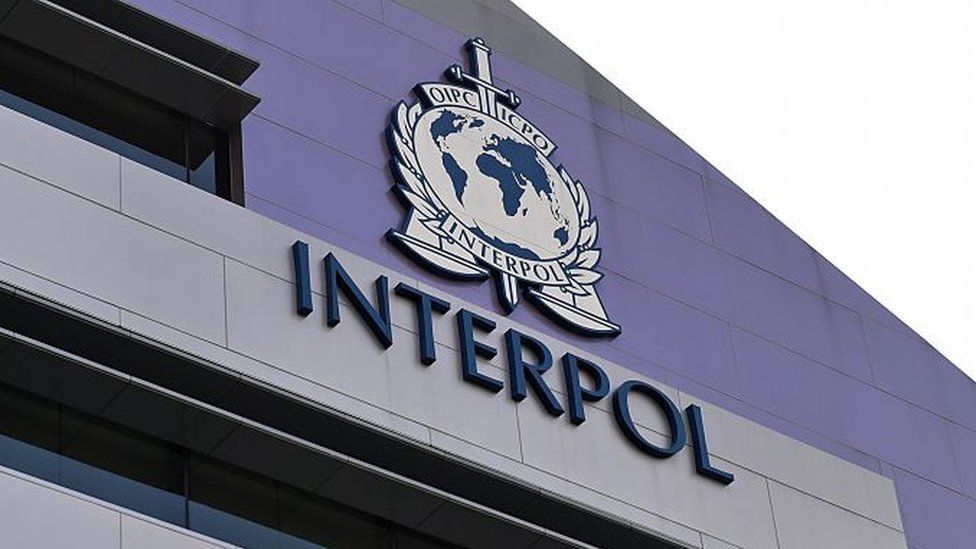 A logo at the newly completed Interpol Global Complex for Innovation building is seen during the inauguration opening ceremony in Singapore on 13 April 2015.