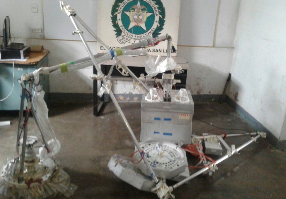 A photo taken by Colombian police of the remains of an internet balloon which crashed in Tolima province