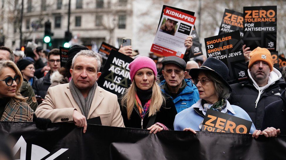 Tracey-Ann Oberman, Eddie Marsan, Rachel Riley and Maureen Lipman take part in a march against antisemitism organised by the volunteer-led charity Campaign Against Antisemitism at the Royal Courts of Justice in London