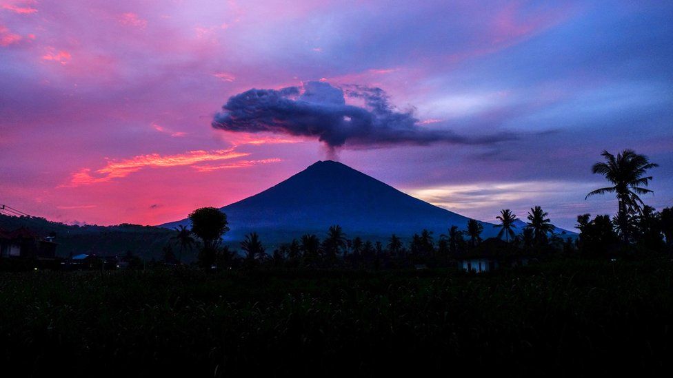 Mount Agung spews volcanic ash near Amed village, Karangasem district, Bali on 30 November 2017.