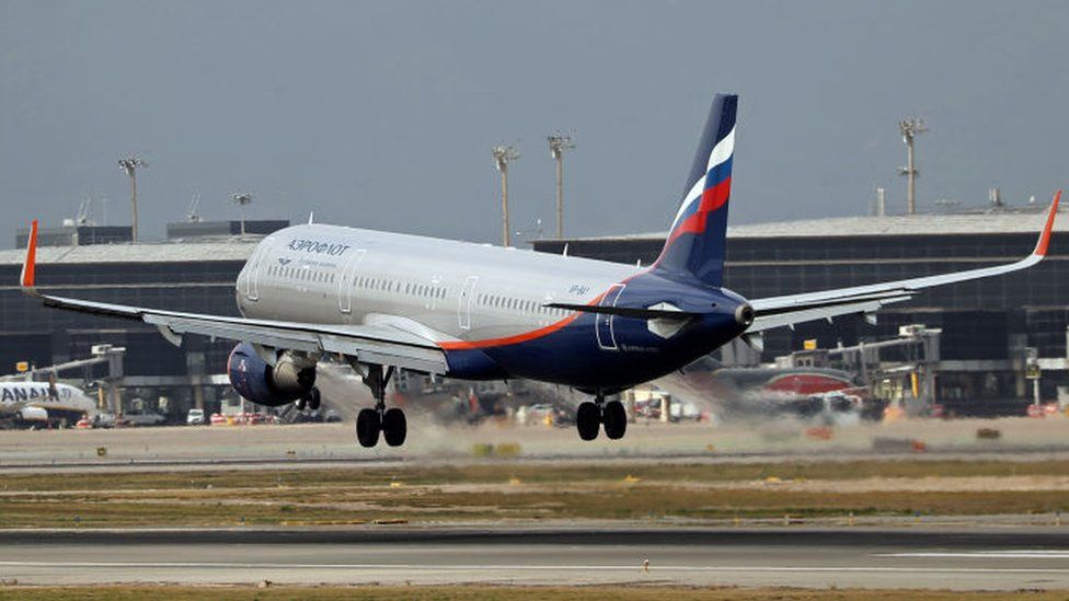 An Aeroflot plane lands in Barcelona