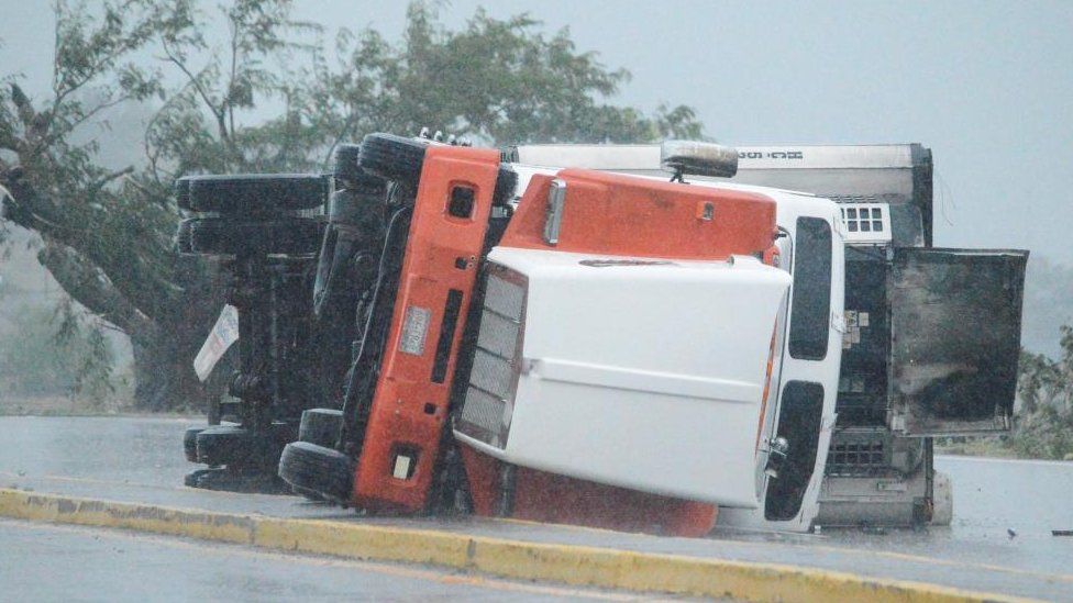 Upturned lorry in Tecuala, Nayarit state