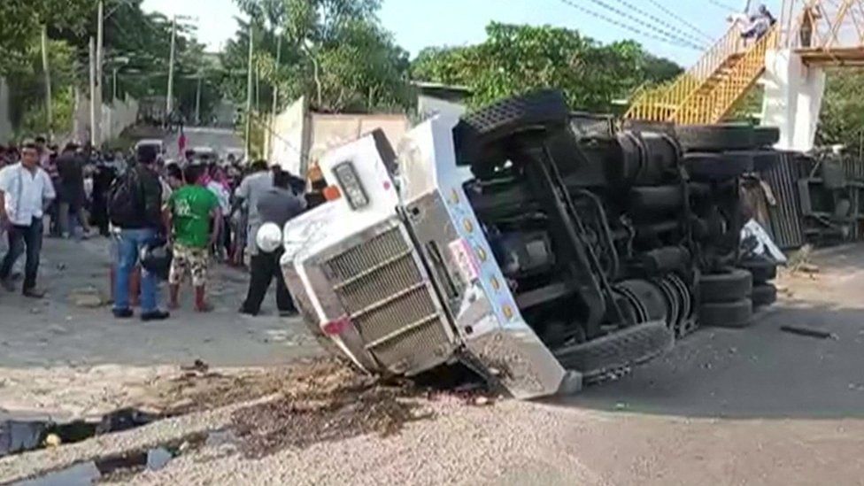Truck on its side
