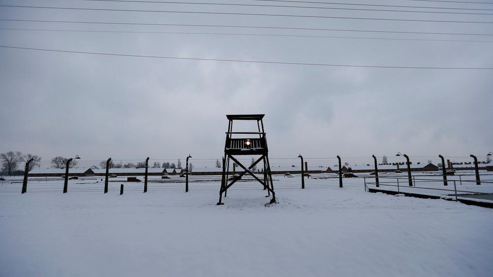 Guard tower at Auschwitz in the snow