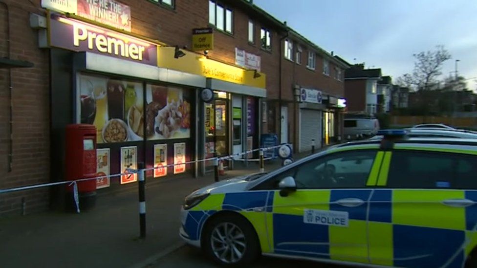 Police tape around Premier Store on Haybridge Road, Telford