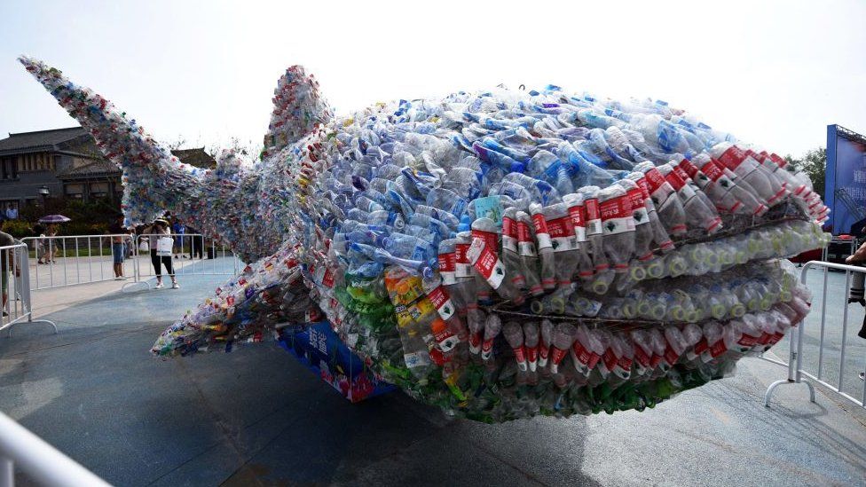 Whale shark made of plastic bottles in Rizhao Ocean Park in Rizhao, China