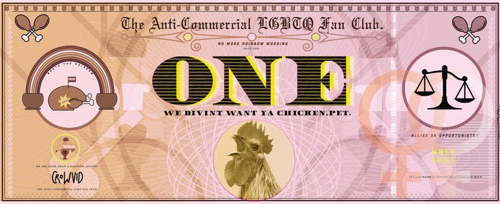 Laura's bank note depicting a chicken in protest at the commercialisation of Pride