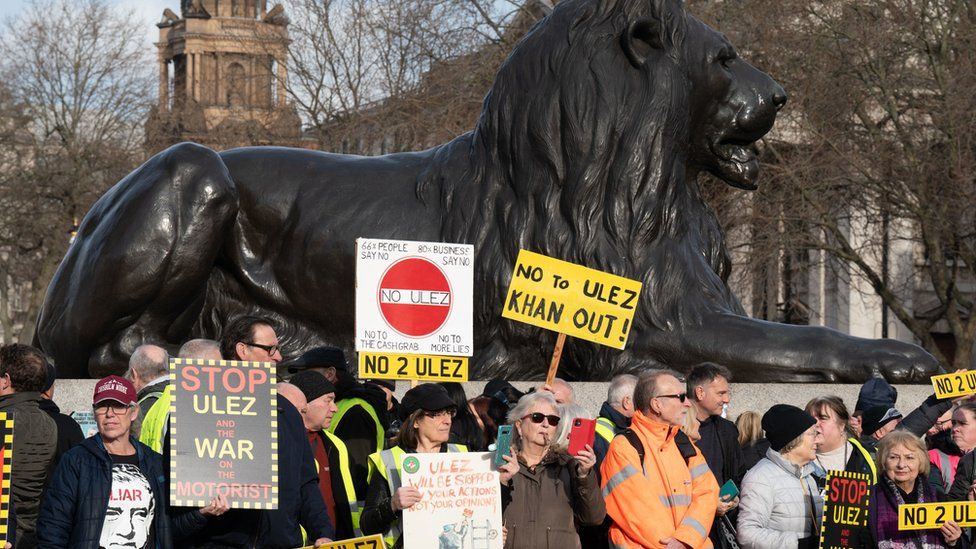 People during an anti-Ulez protest in Trafalgar Square, London.