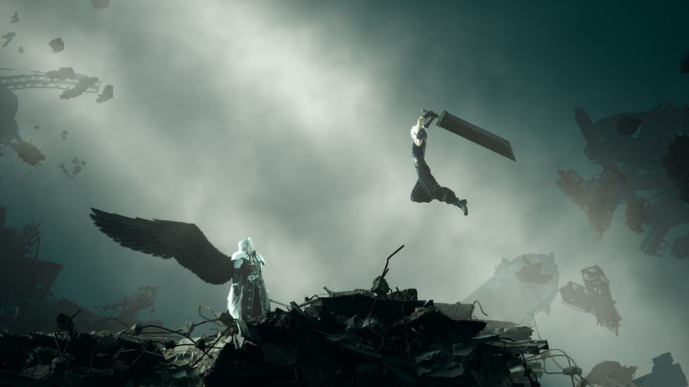 A scene from Final Fantasy VII Rebirth showing a face-off between Cloud Strife and Sephiroth. They appear to be fighting on top of a large pile of scrap metal and debris, with the shells of crumbling buildings visible in the background as thick smoke or fog swirls. Sephiroth, who is tall and slim with long white hair, and has a single angel wing emerging from his back, looks up into the air as Cloud jumps, his oversized sword held above his head as he prepares to attack.