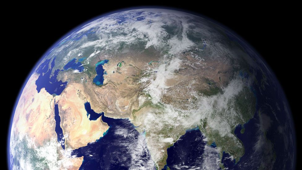 Picture of Earth showing North Africa, Middle East, most of Asia, part of Russia, China and the Indian Ocean