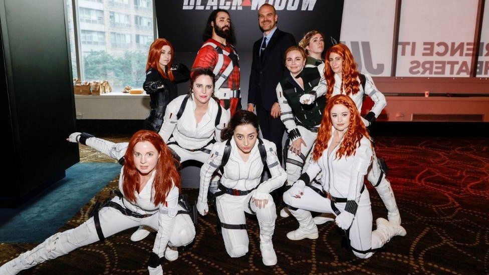 David Harbour (in rear) with Black Widow cosplayers