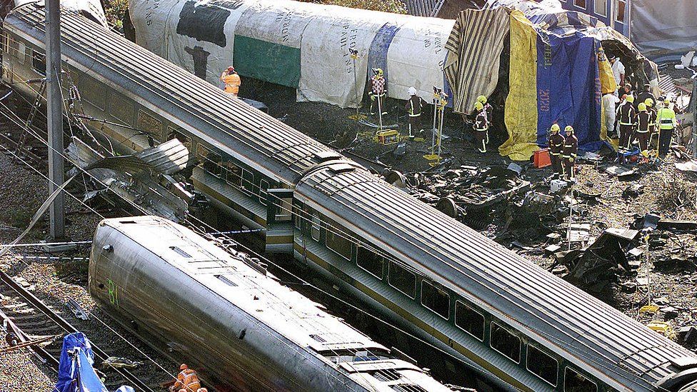 The wreckage of the two trains that collided in 1999