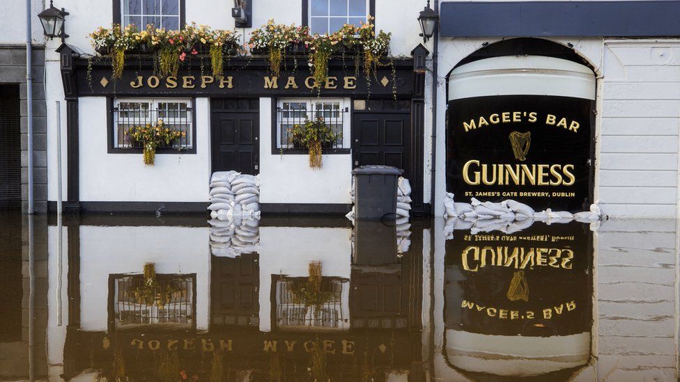 Floodwater outside Joseph Magee's pub in Newry