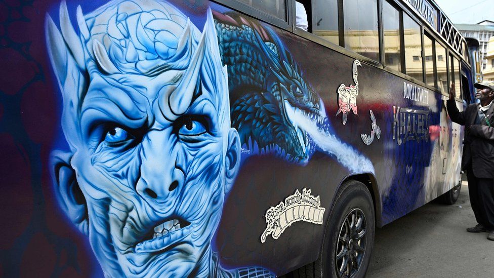 A bus is seen in Kenya with graffiti of the Night King