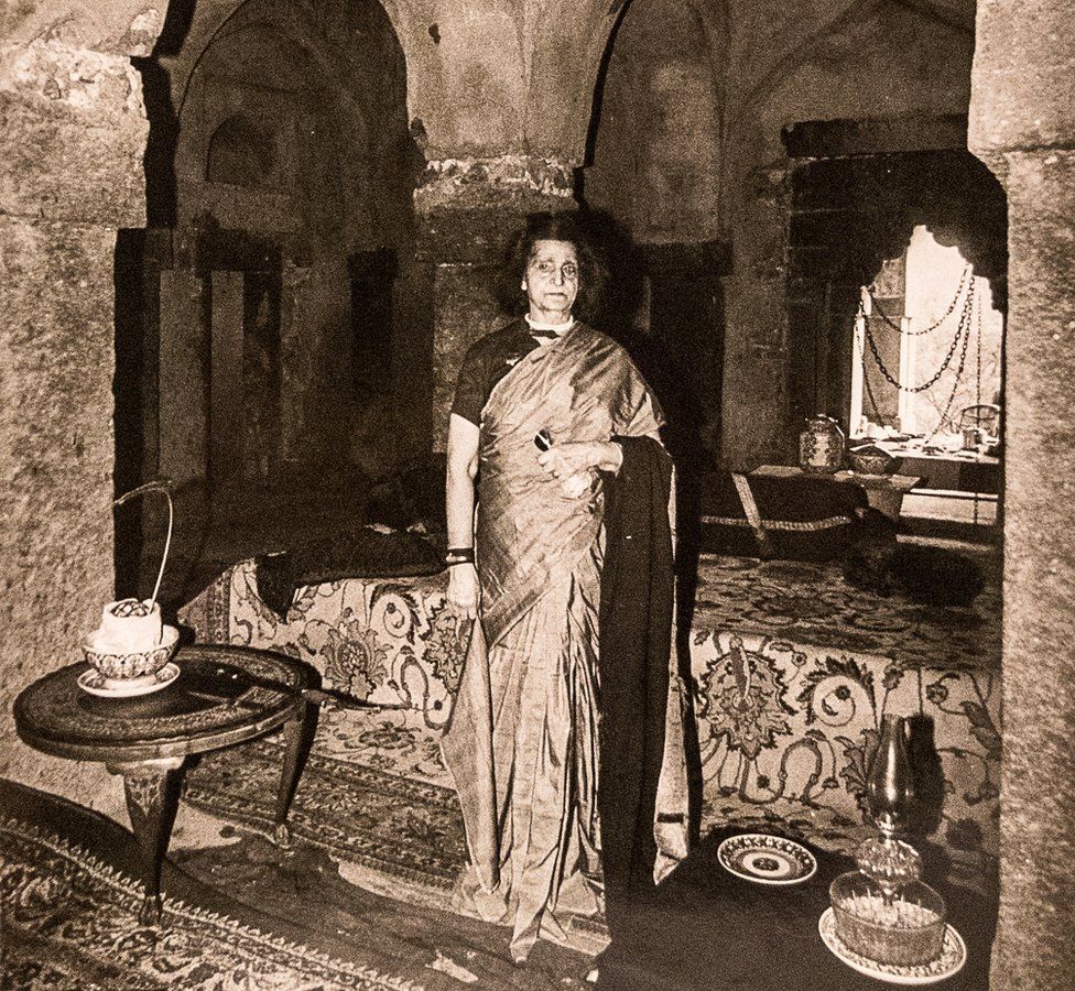 Begum Wilayat Mahal pictured with her fine Persian carpets