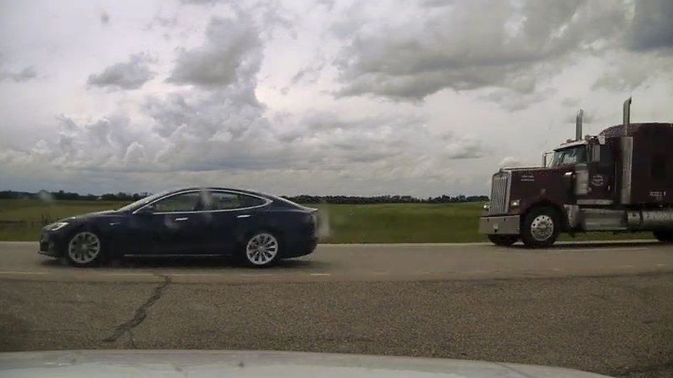 Image supplied by Alberta police of the detained Tesla car