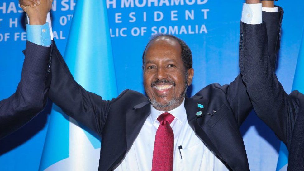 Somalia's new President Hassan Sheikh Mohamud reacts during his inauguration