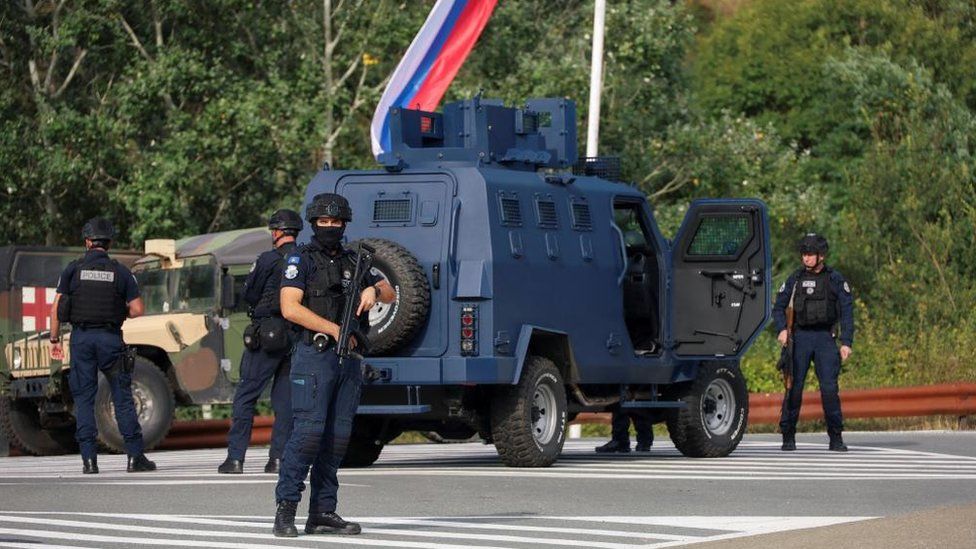 Kosovan police patrol at the road to Banjska, northern Kosovo. Photo: 24 September 2023