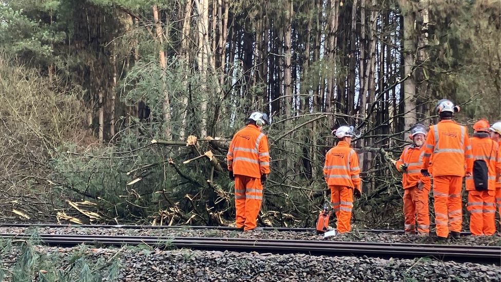 Engineers chopping trees close to where train damaged at Thetford