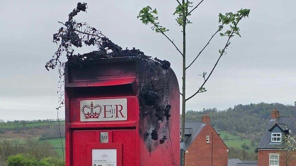 Postbox topper damaged by fire in Asker Lane, Matlock, Derbyshire