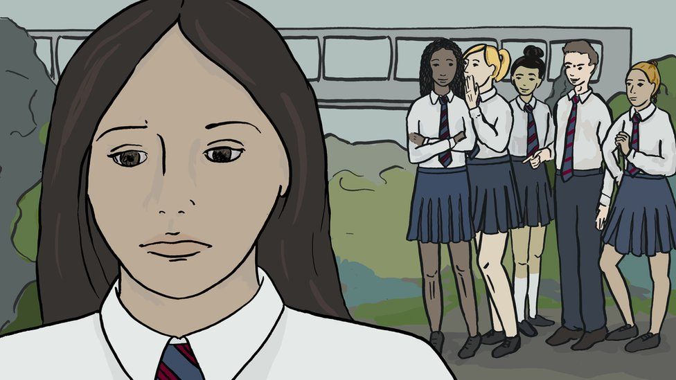 Grace looks downcast while school girls whisper behind her back
