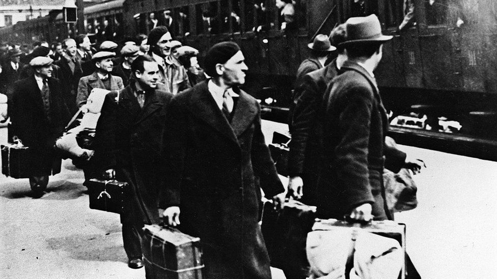 A picture taken in May 1941 showing foreign Jews, mainly Polish Jews, getting off the train in Pithiviers, center France.