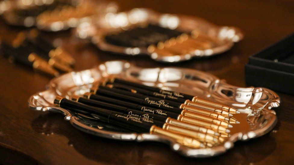 Pens to be used by House Speaker Nancy Pelosi (D-CA) to sign the two articles of impeachment of U.S. President Donald Trump are seen prior to an engrossment ceremony at the U.S. Capitol in Washington, U.S., January 15, 2020