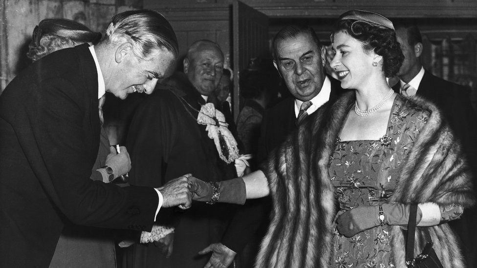 The Queen shakes hands with Sir Anthony Eden