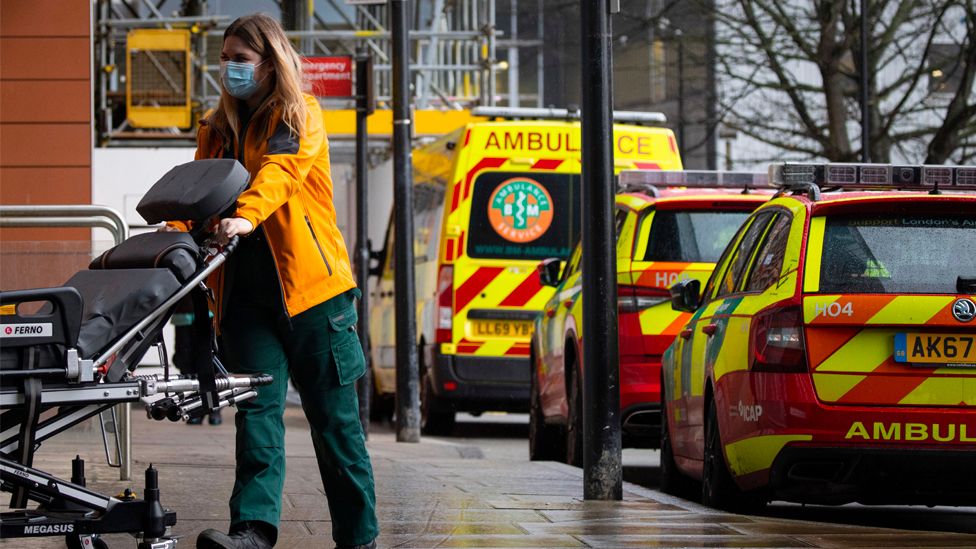 An ambulance crew outside The Royal London Hospital on 8 January 2023.