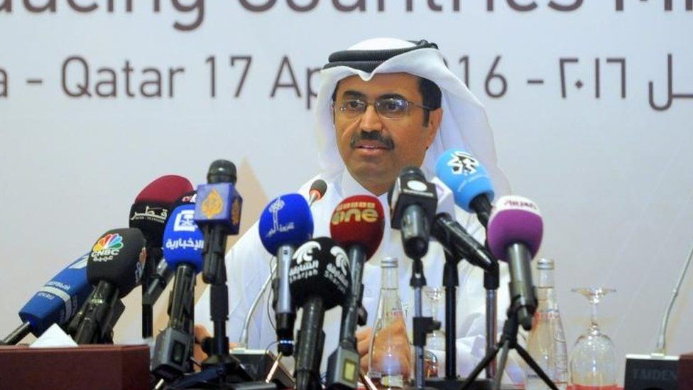 Qatari Minister of Energy and Industry Mohammed Saleh al-Sada attends a news conference following the oil-producers" meeting at Sheraton Hotel in Doha, Qatar