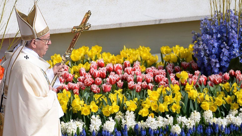 Pope Francis walks past flowers adorning the altar during the Easter Sunday mass on April 16, 2017 at St Peter's square in Vatican.