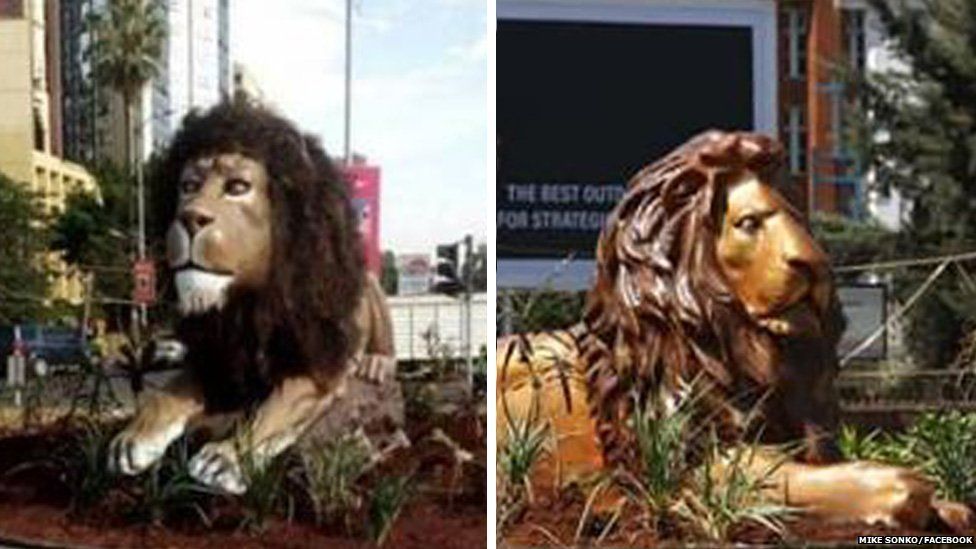 The original lion statue and its replacement