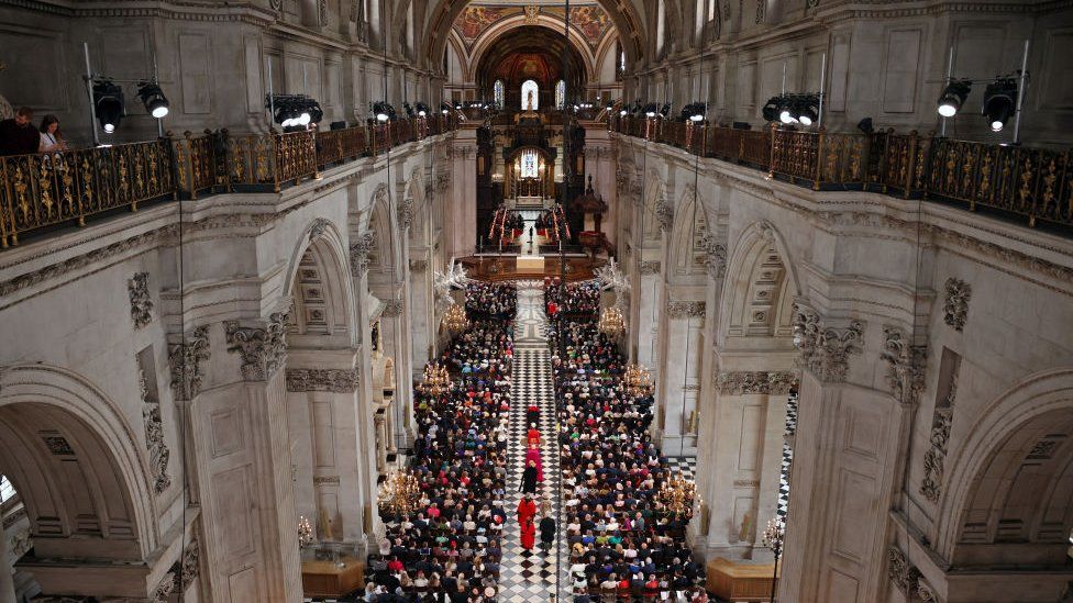 A general view of the National Service of Thanksgiving at St Paul's Cathedral on June 03, 2022 in London, England.