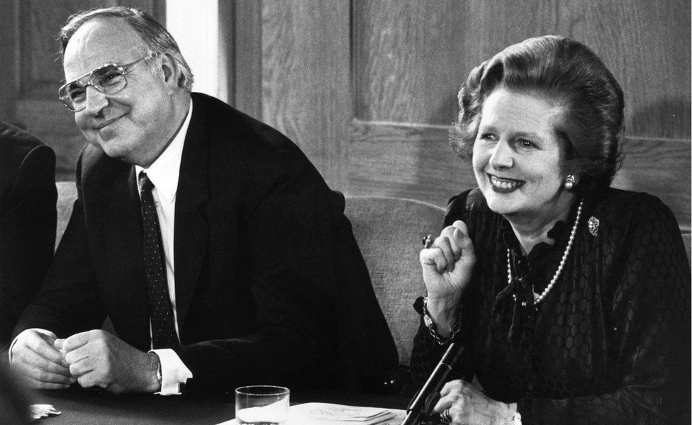 British prime minister Margaret Thatcher and her German counterpart, Helmut Kohl, at a press conference at Number 12 Downing Street in April 1983