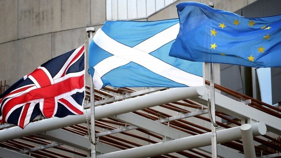 Union Jack, Saltire and European flag fly outside the Scottish Parliament