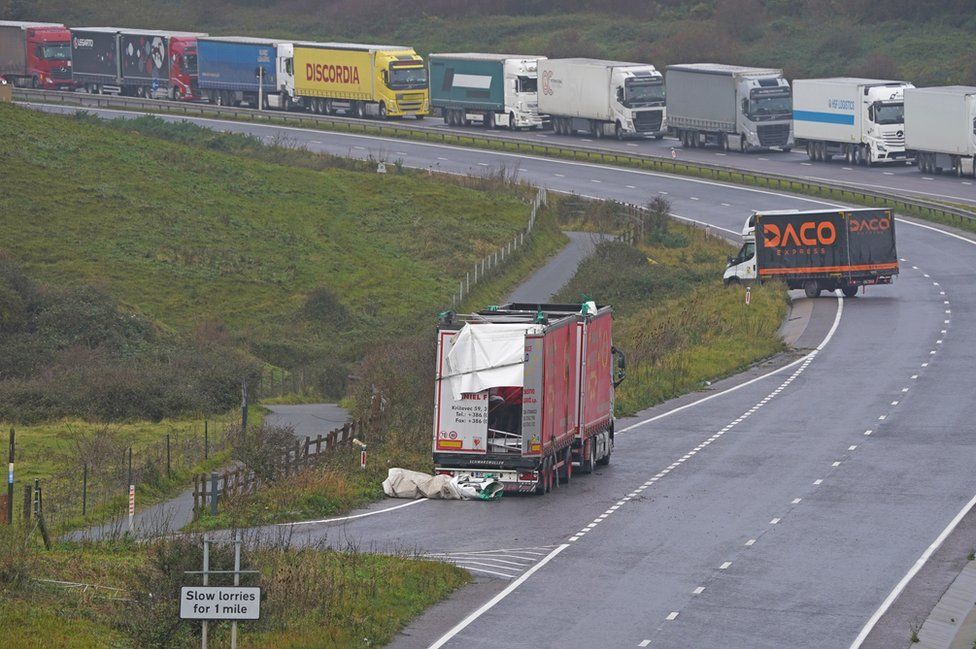 Two lorries on the A20 near Dover, Kent, as Storm Ciaran brings high winds and heavy rain along the south coast of England.