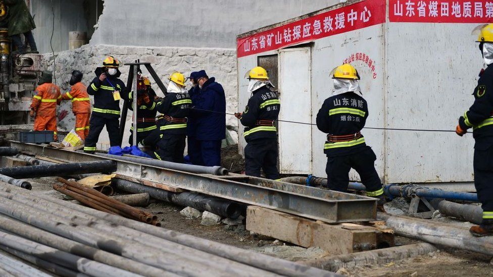 Rescuers work at the explosion site of a gold mine on January 20, 2021 in Qixia, Shandong