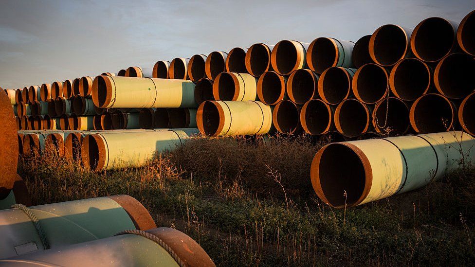 Miles of pipe sit in North Dakota ready to be used for the Keystone XL pipeline (FILE)