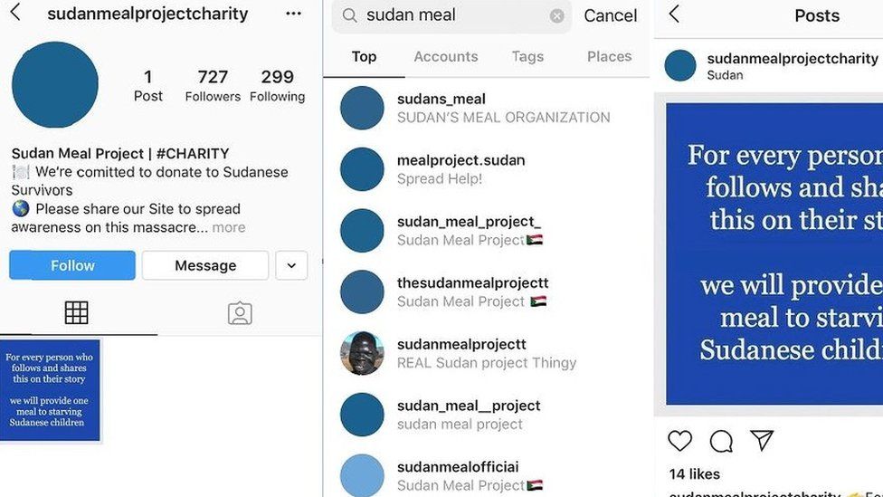 Some of the accounts making bogus claims about providing aid to Sudan
