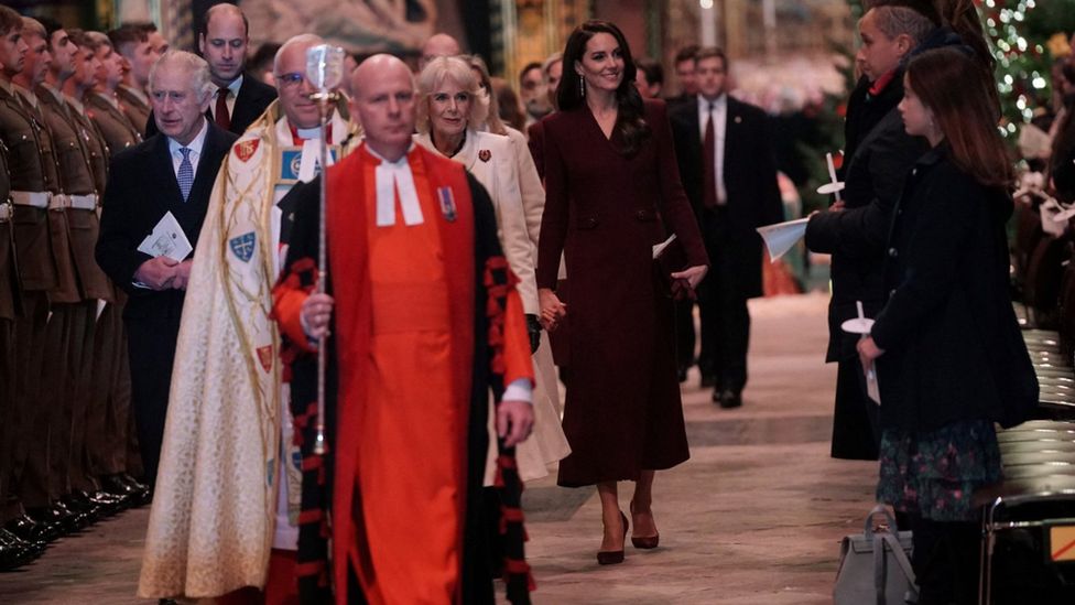King Charles, the Queen Consort and the Prince and Princess of Wales attend the carol service at Westminster Abbey