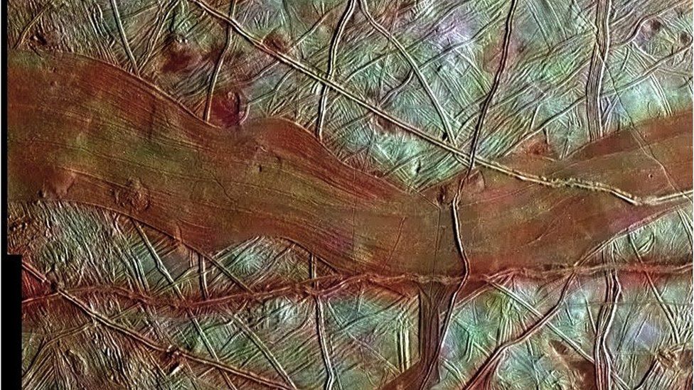 Tiger stripes in brown and green on surface of Europa