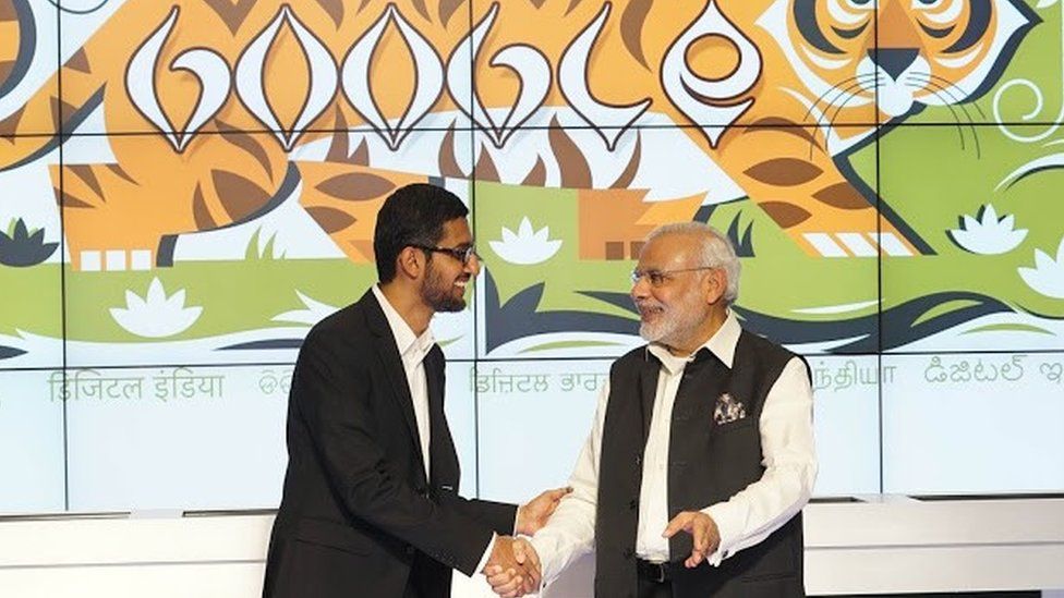 Indian prime minister Narendra Modi visiting Google headquarters and meeting chief executive Sundar Pichai