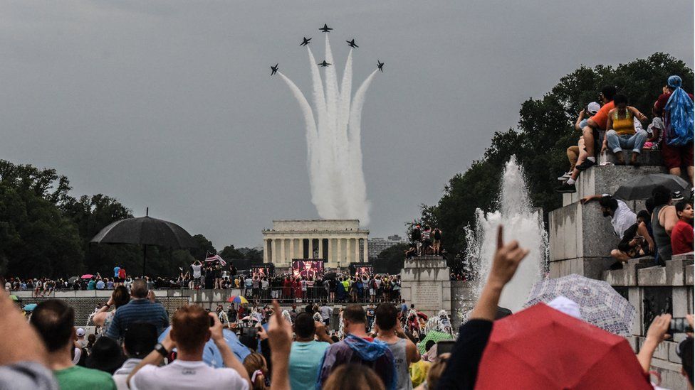 The US Navy Blue Angels flew over the Lincoln Memorial and past the Washington Monument