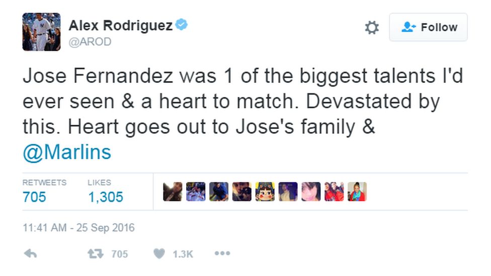 Tweet: "Jose Fernandez was one of the biggest talents I'd ever seen and a heart to match. Devestated by this. Heart goes out to Jose's family and the Marlins."