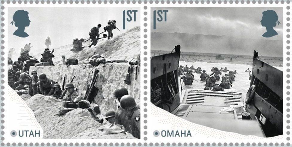Stamp collections for D-Day Landings anniversary showing troops on Utah and Omaha beaches