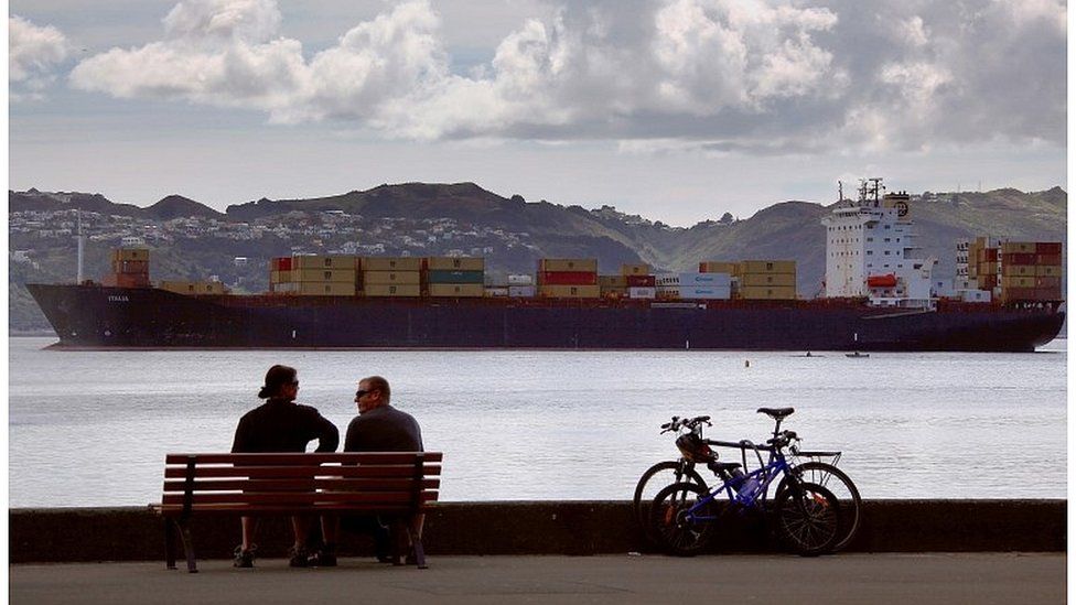 Container ship about to dock in Wellington, New Zealand