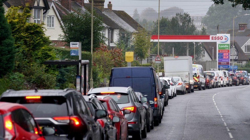 Motorists queuing for fuel at an Esso petrol station