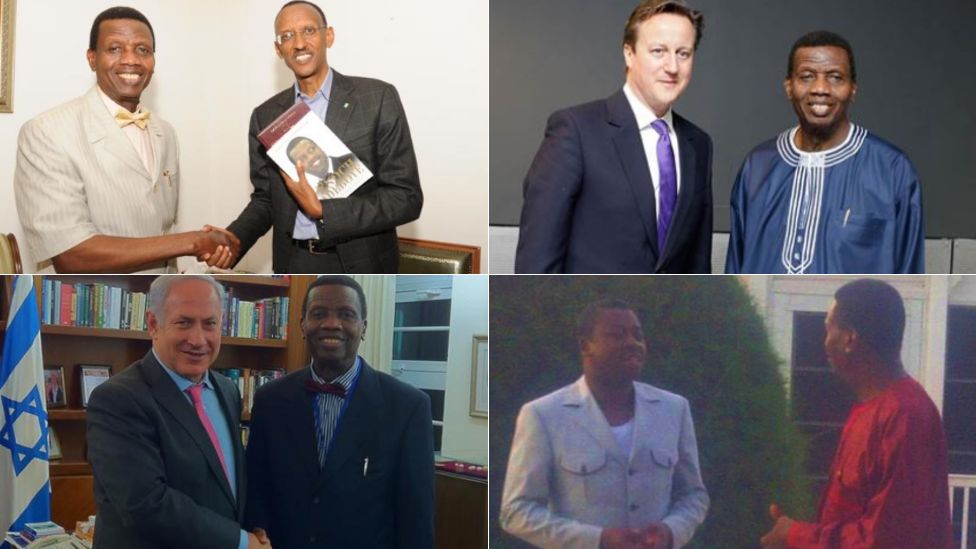Top L_R: Pastor Adeboye with Rwandan President Paul Kagame and UK's ex-Prime Minister David Cameron. Bottom L-R: Pastor Adeboye with Israels Prime Minister Benjamin Netanyahu and Togos' President Faure Gnassingbé