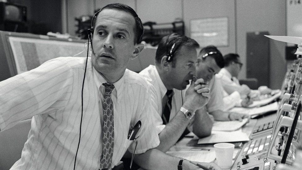 Left to right: Charlie Duke, Jim Lovell and Fred Haise in Mission Control during the Apollo 11 mission