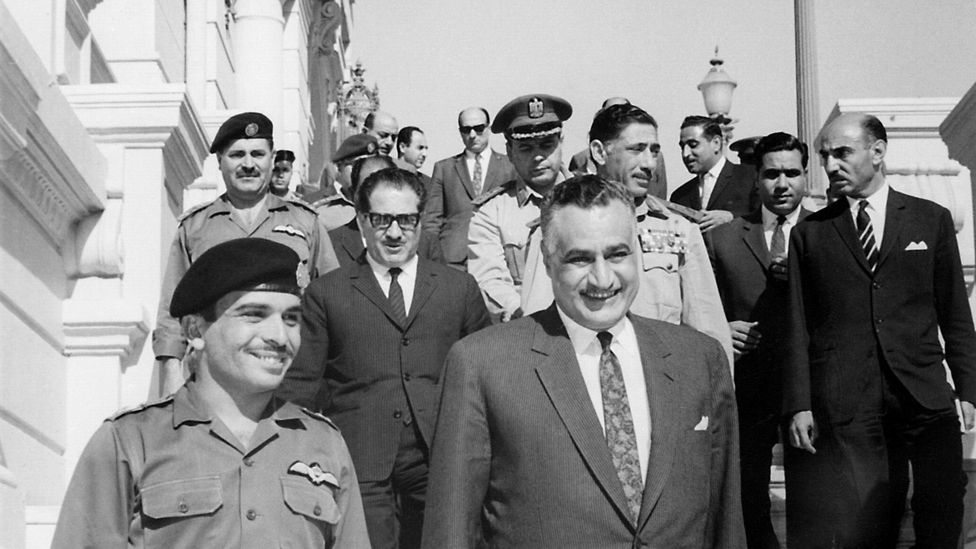 King Hussein of Jordan (1935 - 1999) (l) and Egyptian President Gamal Abdul Nasser (1918 - 1970) smile after signing a Jordan-Egyptian defence agreement June 1967 in Cairo.